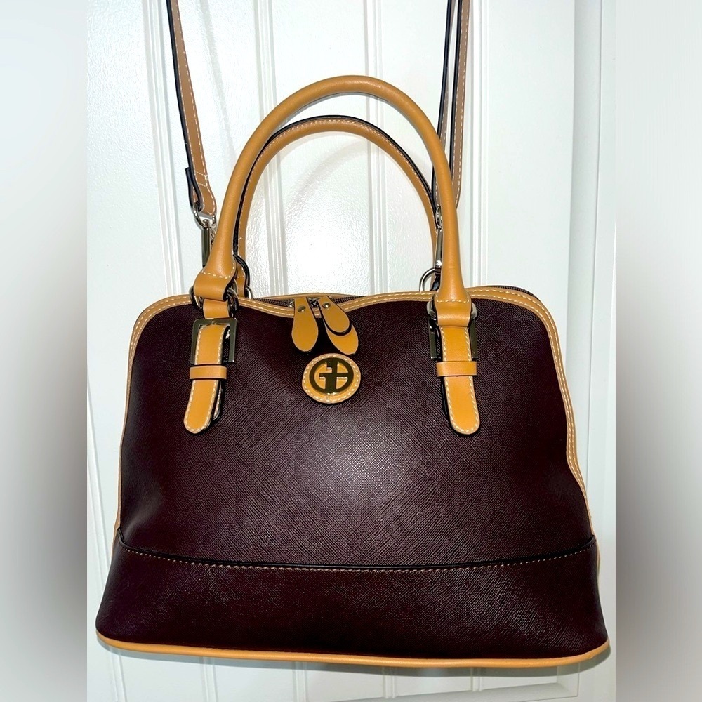 GIANI BERNINI Safiano Dome Satchel, Dark Brown and Tan, includes adjst. Strap